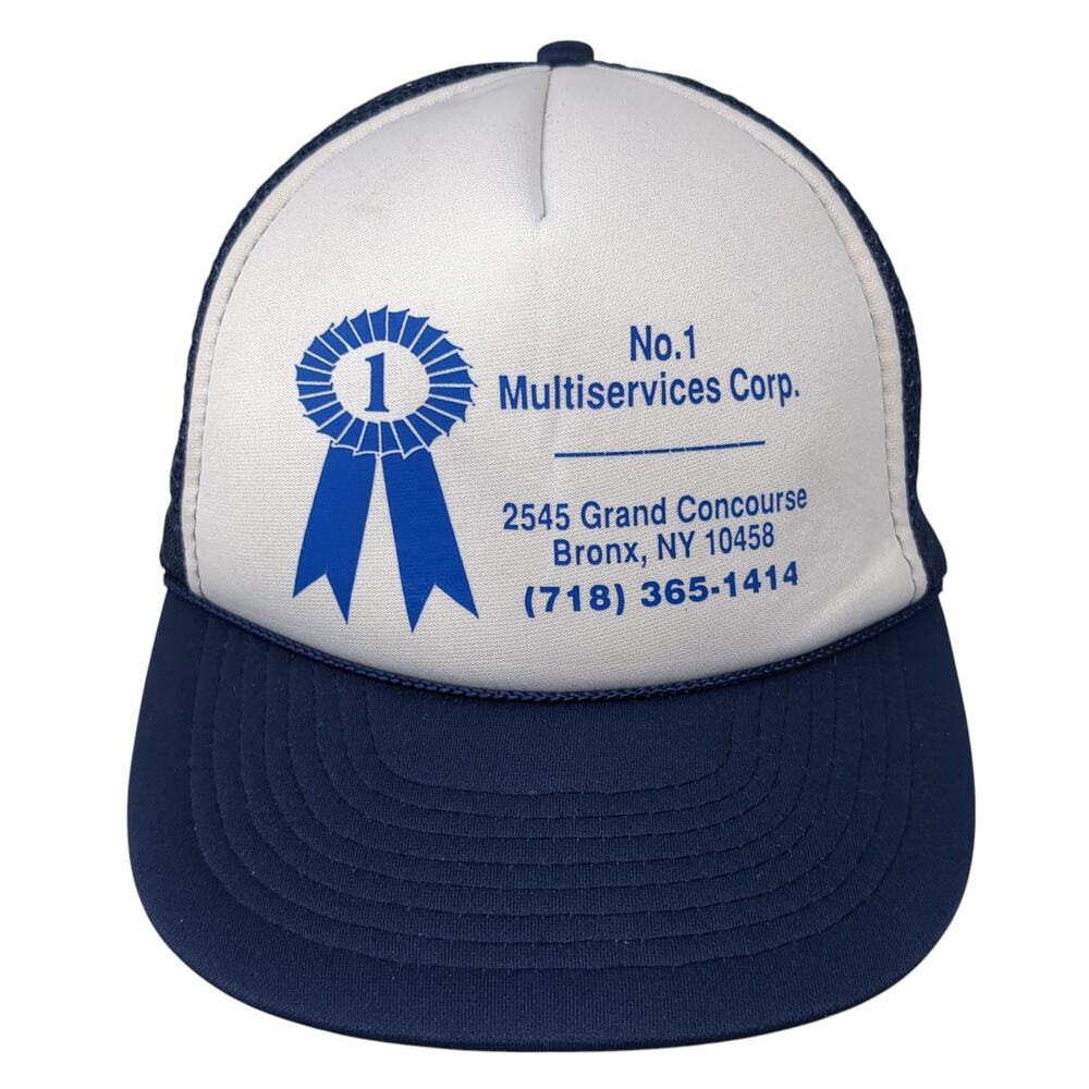 No. 1 Multiservices Corp. Snapback Trucker Hat Blue One Size Mesh Back Camco